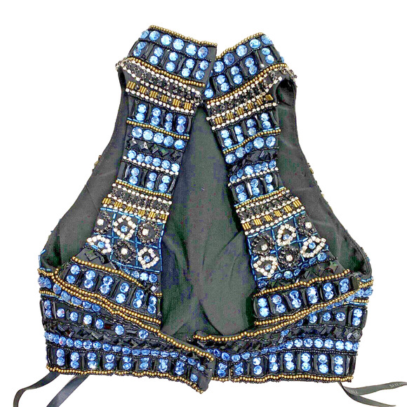 Sherri Hill Size 0 Beaded Cropped Halter Top Bustier Black Blue Gold Crystals - Picture 2 of 7